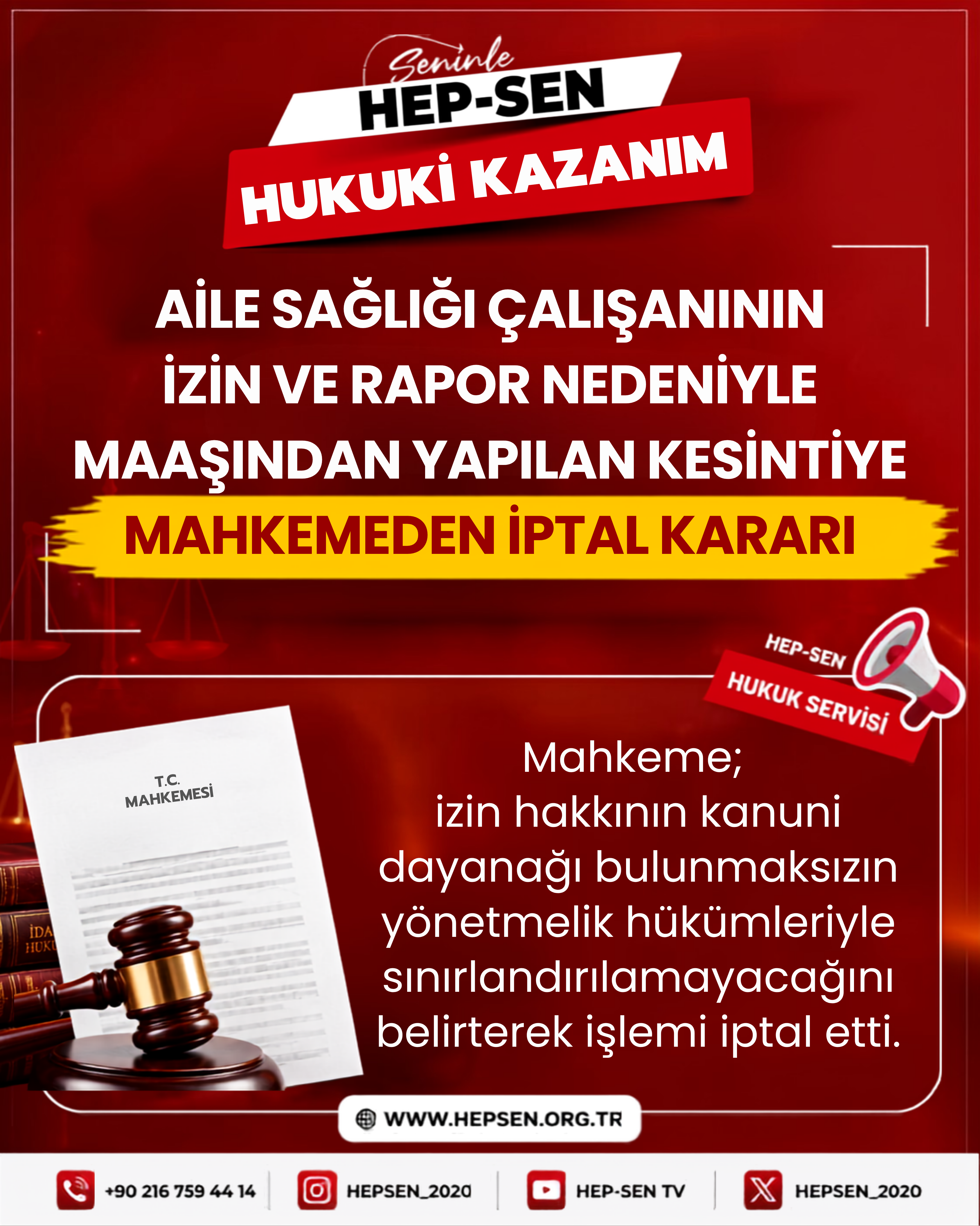 Aile Sağlığı Çalışanının İzin ve Rapor Nedeniyle Maaşından Yapılan Kesintiye Mahkemeden İptal Ka-rarı